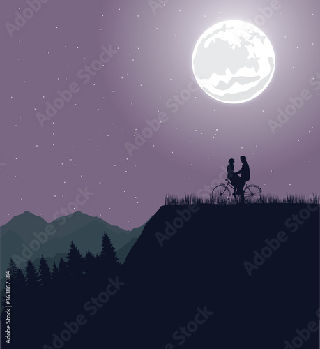 couple silhouette under the moon in bicycle riding bike romance