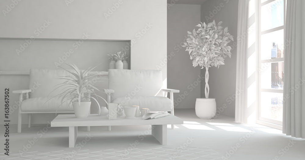 Fototapeta premium White room with armchair. Scandinavian interior design. 3D illustration