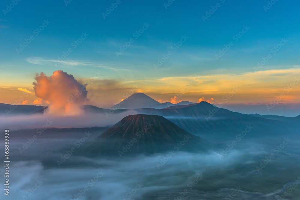 Mount Bromo volcano (Gunung Bromo) during sunrise from viewpoint in Bromo Tengger Semeru National Park, East Java, Indonesia