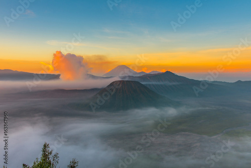 Mount Bromo volcano (Gunung Bromo) during sunrise from viewpoint in Bromo Tengger Semeru National Park, East Java, Indonesia