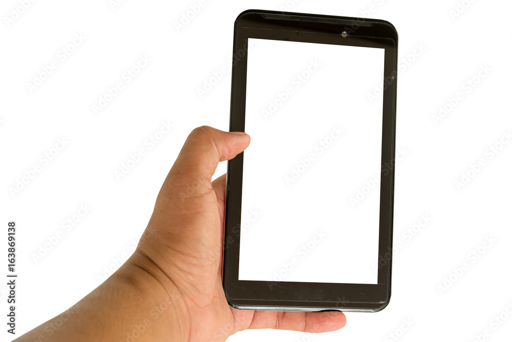 Hand holding a Tablet mobile with white screen. Hand holding a Tablet mobile with white screen.