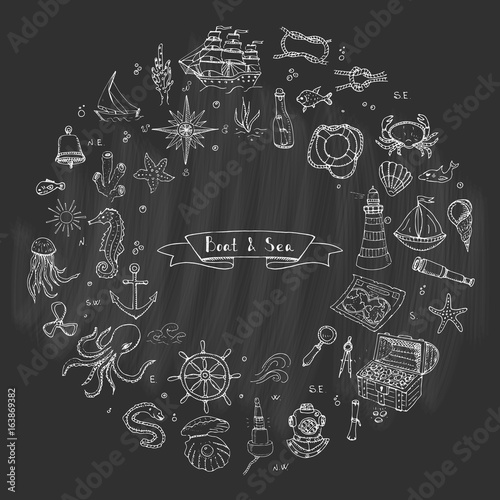 Hand drawn doodle Boat and Sea set. Vector illustration. Icons sea life concept elements. Ship symbols collection Marine life Nautical design Underwater life Water animals Ocean map Spyglass Magnifier