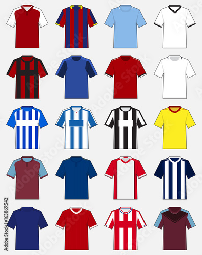 Set of soccer jersey or football kit template for English football club. Football apparel mock up. Front view of soccer jersey. Vector Illustration