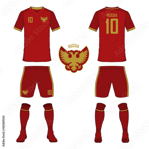 Set of soccer jersey or football kit template for Russia national football team. Front and back view soccer uniform. Sport shirt mock up. Vector Illustration