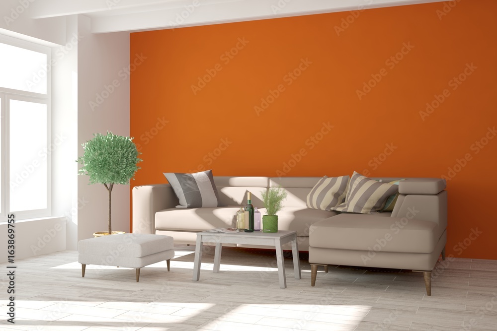 Obraz premium Orange room with sofa. Scandinavian interior design. 3D illustration