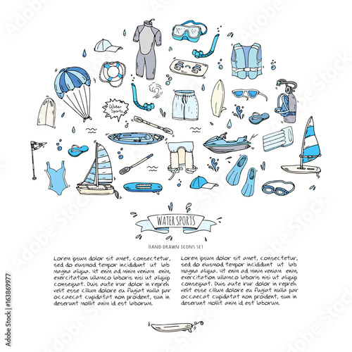 Hand drawn doodle Water sports icons set. Vector illustration, isolated symbols collection, Cartoon various elements: jetski, wakeboard, waterski, surfing, kayak, kitesurfing, paddle, parasailing