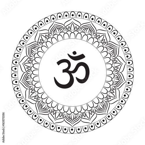 Mandala frame with Om symbol. Hand drawn oriental ornament for greeting card, invitation, coloring book, yoga poster.