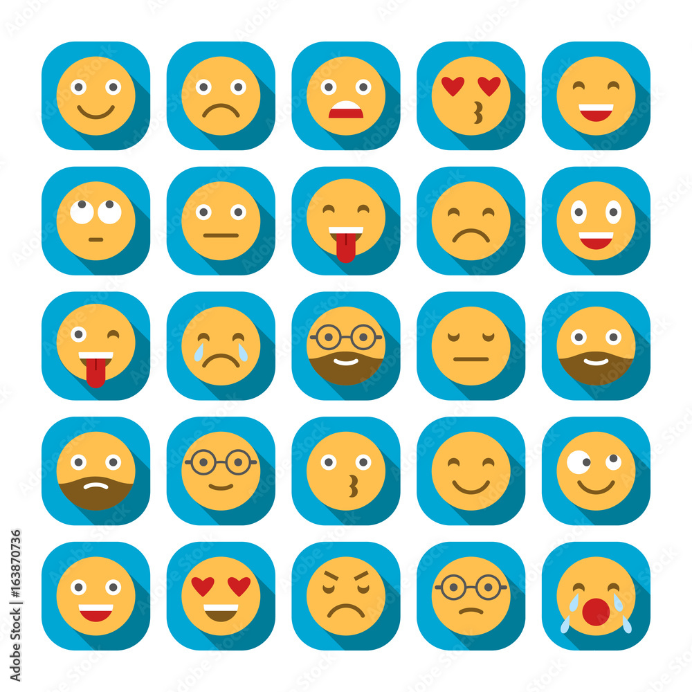 Colored flat icons of emoticons. Smile with a beard, different emotions, moods. Colored flat icons of emoticons. Smile with a beard, different emotions, moods.