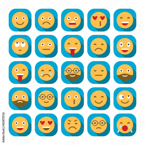 Colored flat icons of emoticons. Smile with a beard, different emotions, moods.