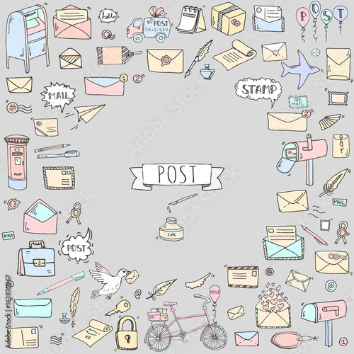 Hand drawn doodle Postal elements icon set. Vector illustration. Isolated post symbols collection. Cartoon various mail element: letter, envelope, stamp, post box, package, delivery truck, pigeon.