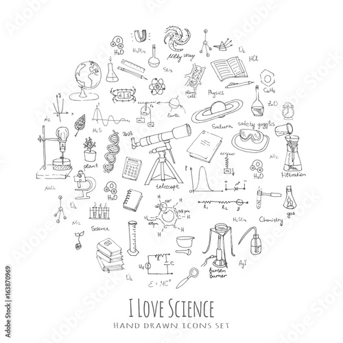 Freehand drawing school items. Science Lesson concept. Hand drawing set of education supplies sketchy doodles Cartoon symbols Vector illustration Physics Calculus Chemistry Biology Astronomy Lab