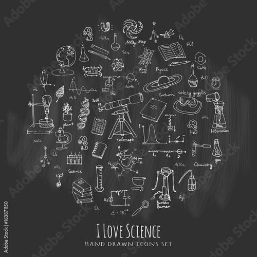Freehand drawing school items. Science Lesson concept. Hand drawing set of education supplies sketchy doodles Cartoon symbols Vector illustration Physics Calculus Chemistry Biology Astronomy Lab