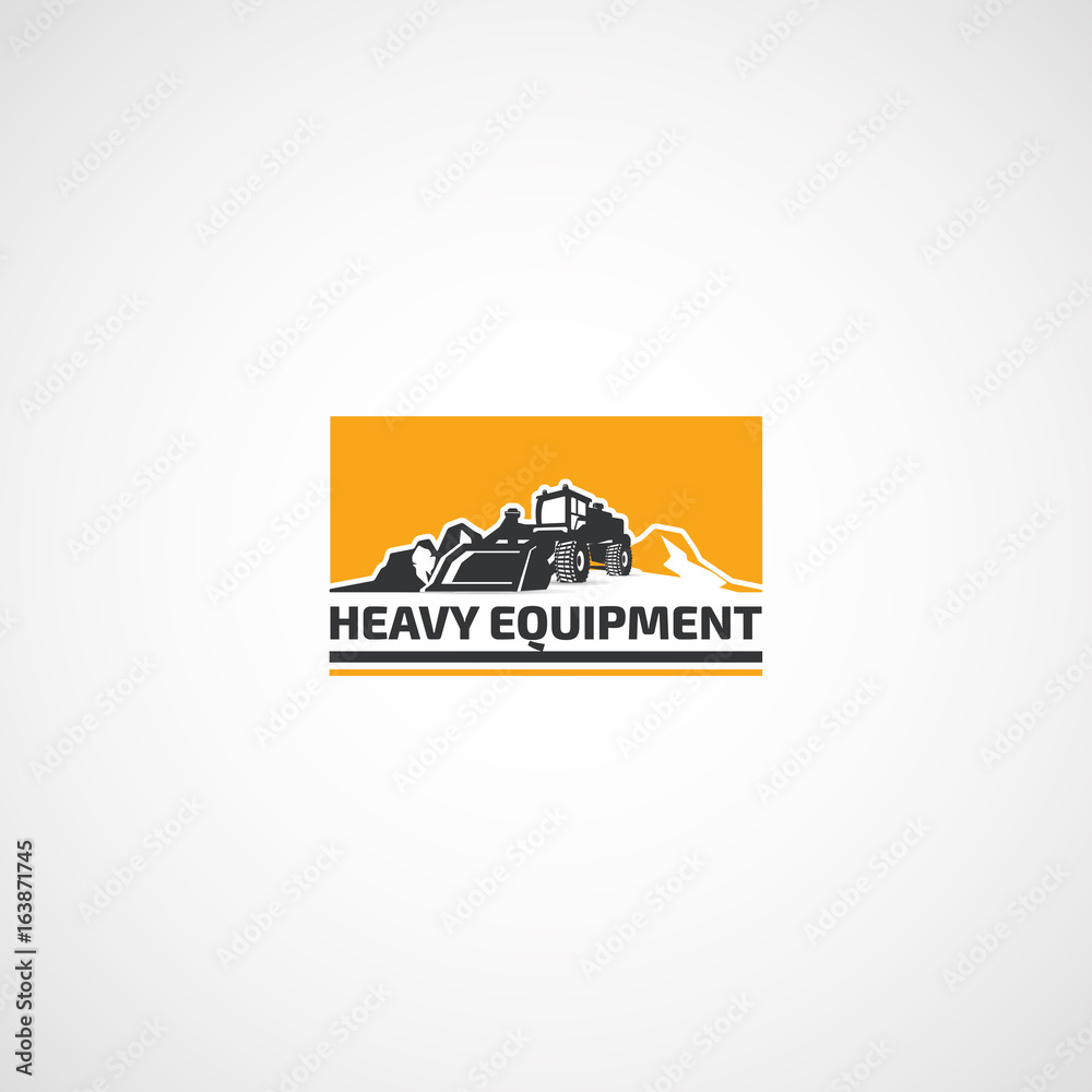 Heavy Equipment, Loader and Mountains logo.