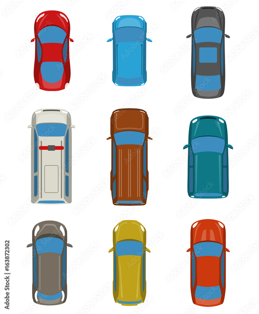 Set of cars top view for transportation theme. Includes sedan, van, wagon, hatchback, sportcar. Vector illustration Set of cars top view for transportation theme. Includes sedan, van, wagon, hatchback, sportcar. Vector illustration
