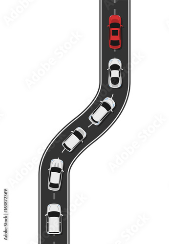 Leadership concept illustration with cars. Leading car and followers. Vector illustration.