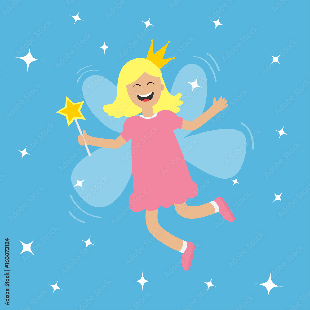 Tooth fairy flying wings. Smiling teeth mouth. Girl holding star magic wand. Shining fairy dust. Cute baby teeth cartoon character in crown. Smiling woman. Blue background. Isolated Flat design Tooth fairy flying wings. Smiling teeth mouth. Girl holding star magic wand. Shining fairy dust. Cute baby teeth cartoon character in crown. Smiling woman. Blue background. Isolated Flat design