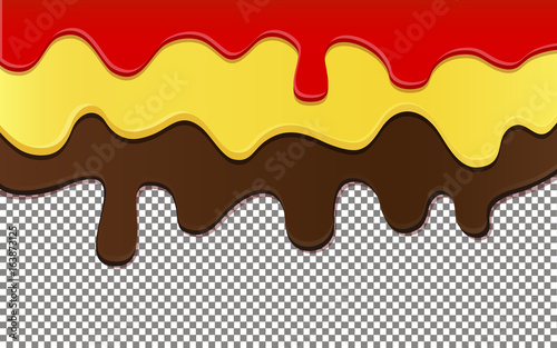 Flowing down chocolate  jam and honey on transparent background