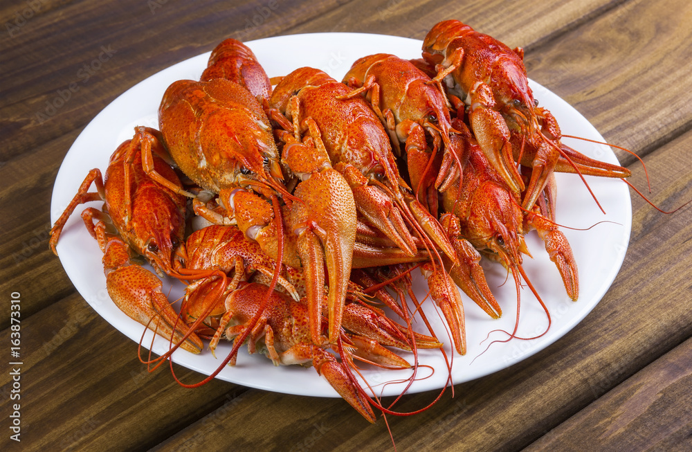Tasty boiled crayfishes on a white plate Tasty boiled crayfishes on a white plate