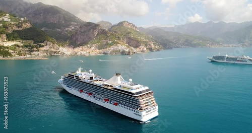 aerial View of Big cruise ship came to Amalfi at Italy
