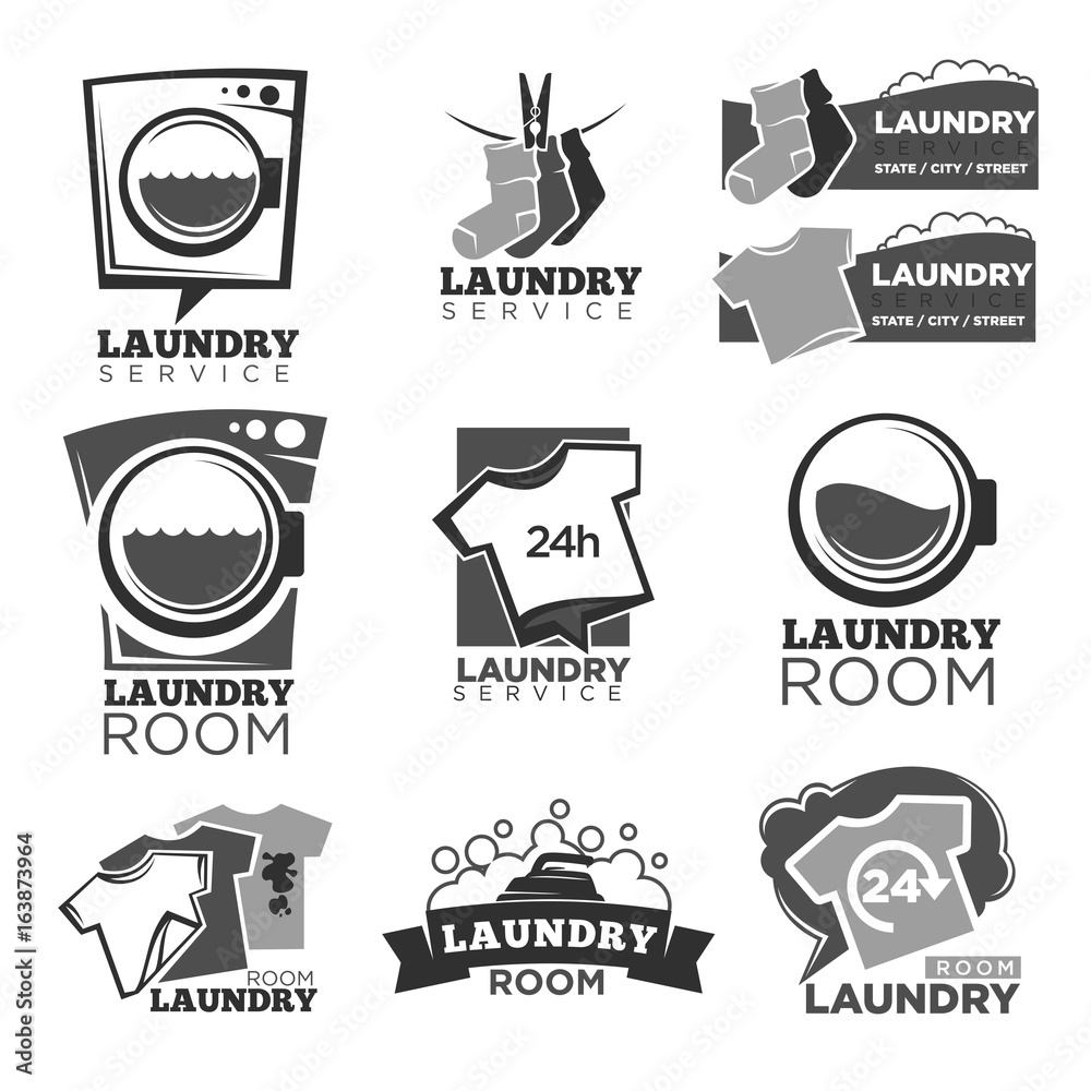 Laundry service or laundromat vector labels templates of washing