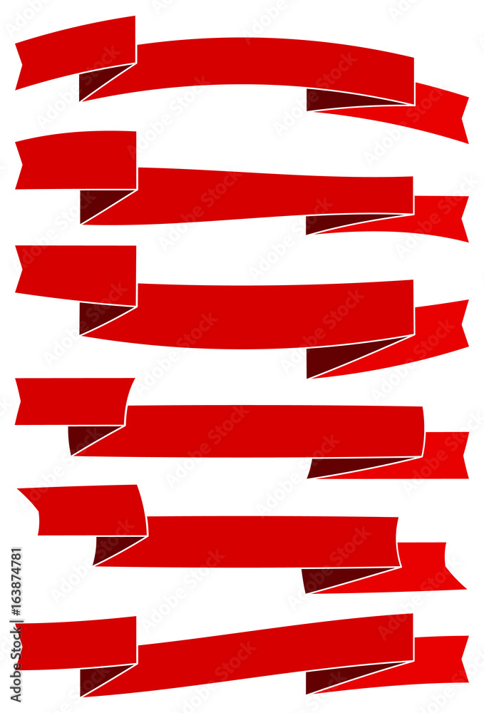 Six red cartoon ribbons for web design. Great design element isolated on white background. Vector illustration.

