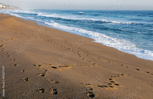 Footprint Trail on Empty Sandy Beach Seascape