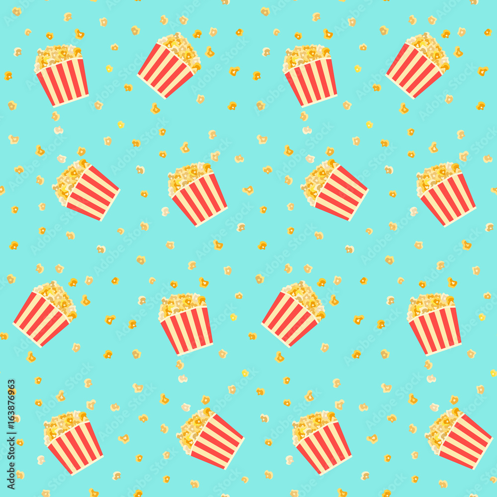 Obraz premium Bright colorful yellow popcorn in red striped boxes on blue background seamless pattern. Cinema food texture for banners, covers, print, textile, backgrounds, wallpaper