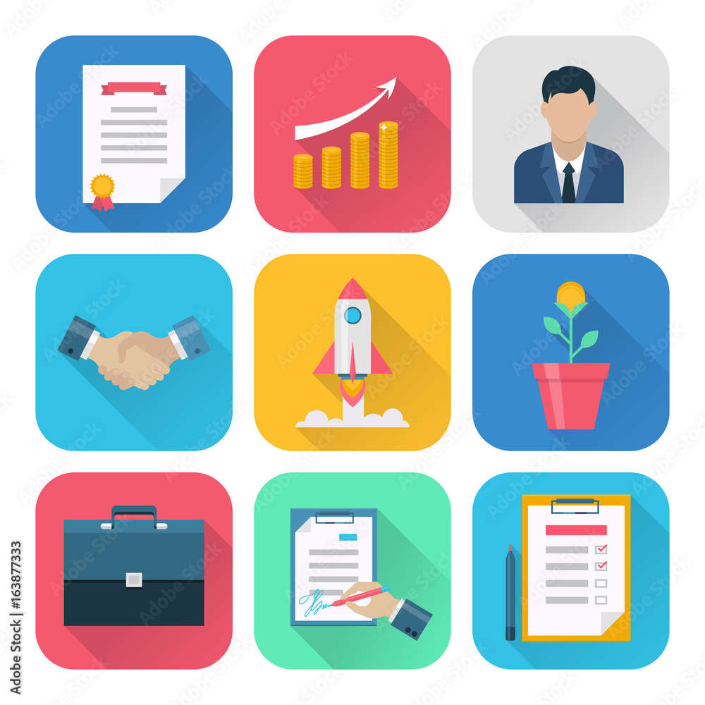 Flat business icons set: document, page on tablet, office file and man, rocket and handshake,. Interface elements, vector illustration isolated on white background. Flat business icons set: document, page on tablet, office file and man, rocket and handshake,. Interface elements, vector illustration isolated on white background.
