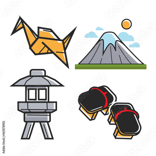 Japan travel symbols and culture or famous landmark vector icons set