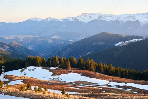 Panoramic shot of beautiful mountains view hiking travelling active recreation concept