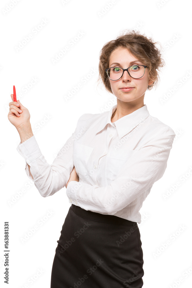 Girl in a white blouse stands on a white background, gestures, emotions on her face Girl in a white blouse stands on a white background, gestures, emotions on her face