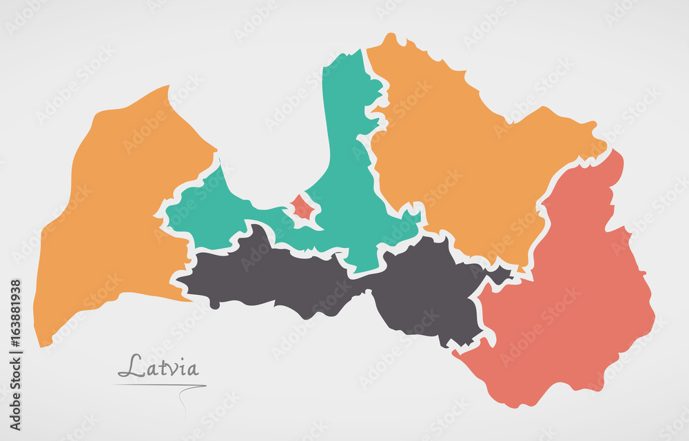 Latvia Map with states and modern round shapes
