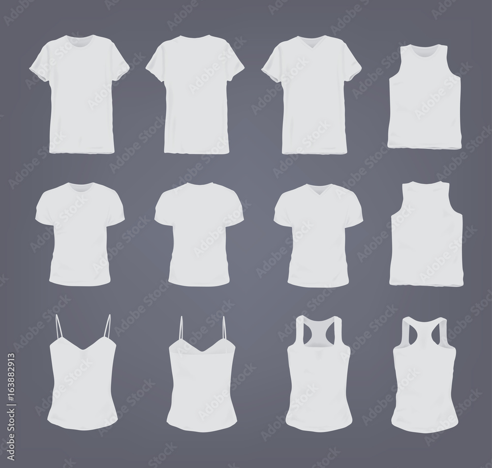 Vecteur Stock Set of different realistic white female and male t-shirt.  Front and back view. Shirt sleeveless, short-sleeve, singlet, tank top.  Vector illustration collection in gray background. | Adobe Stock