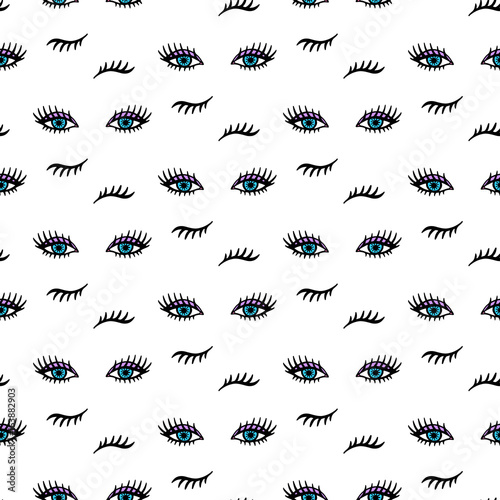 Vector hand drawn seamless pattern with open and winking eyes and lashes isolated on white
