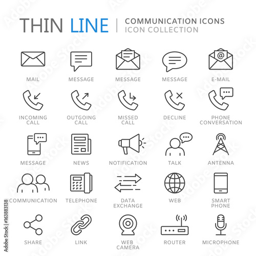 Collection of communication thin line icons