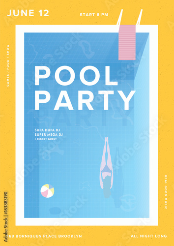 Pool party vertical poster. Open-air summer event placard. Colorful vector illustration.