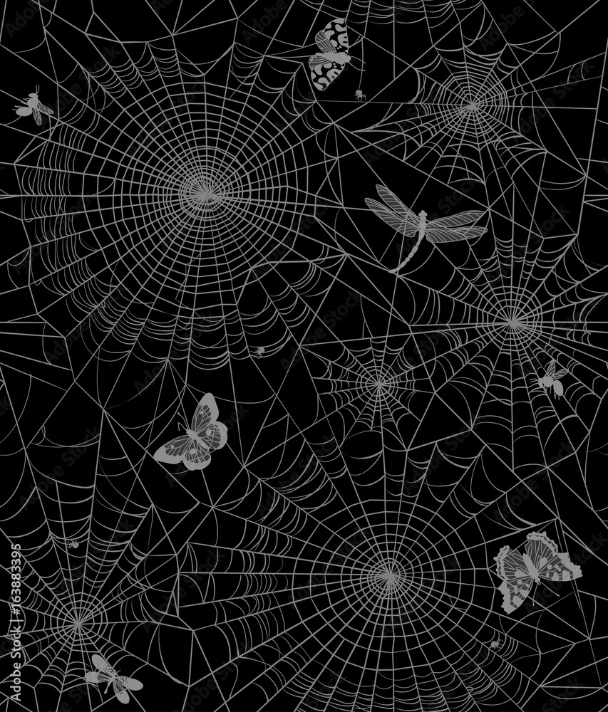 Obraz premium Seamless texture with a cobweb and insects. Dark background, vector illustration