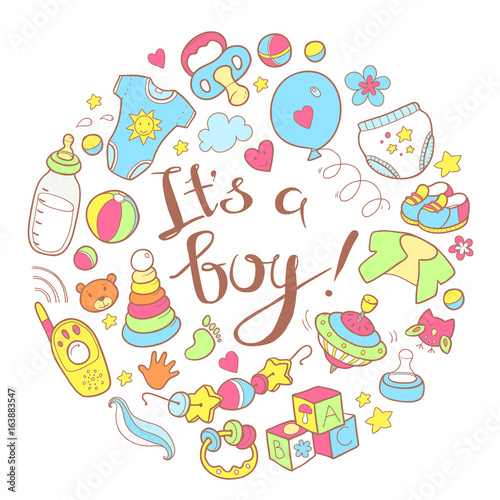 Newborn infant themed cute doodle round illustration. It is a bo