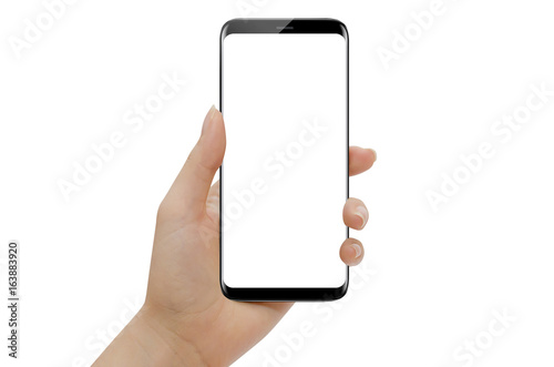 Hand holding modern smartphone with round edges isolated on white background