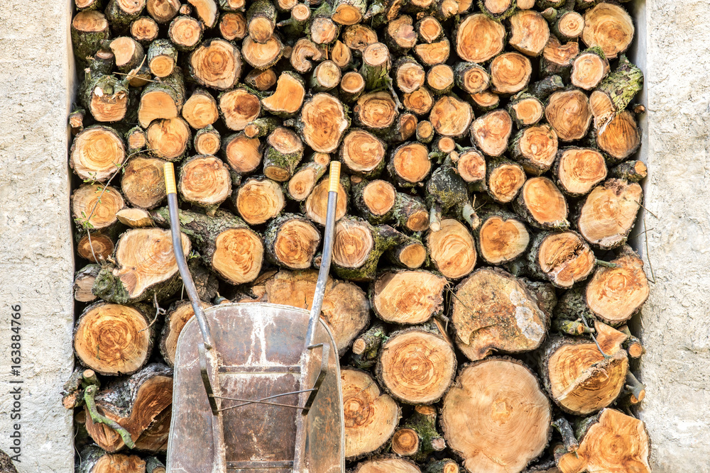 Heap of wood logs ready for winter. Stack of chopped firewood. A pile of woods in the house storage. Raw barked wood logs in a storage yard. Heap of wood logs ready for winter. Stack of chopped firewood. A pile of woods in the house storage. Raw barked wood logs in a storage yard.