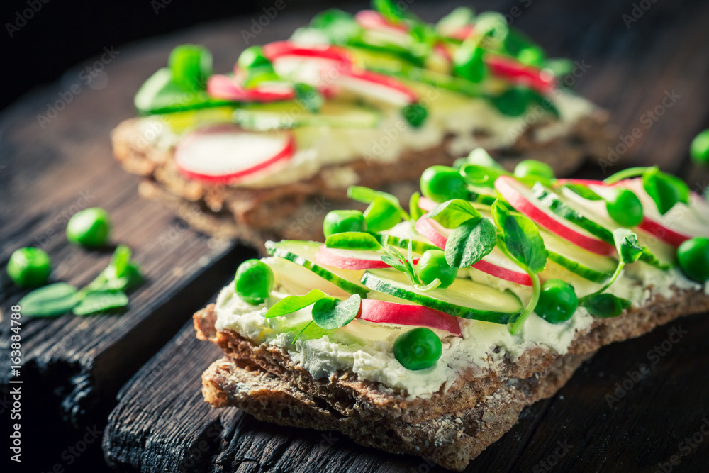 Sandwich with fromage cheese, avocado and bread Sandwich with fromage cheese, avocado and bread