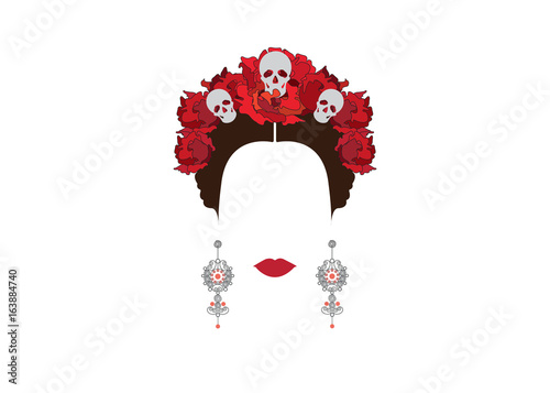 Obraz na plátně Portrait of modern Mexican or Spanish woman , With flower crowns and skulls, Mex