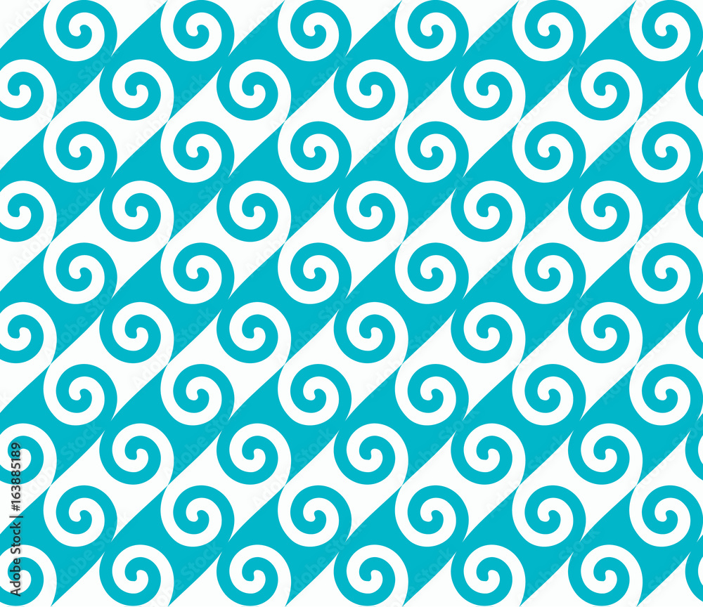 Diagonal blue spiral wave pattern. Seamless vector pattern for print.