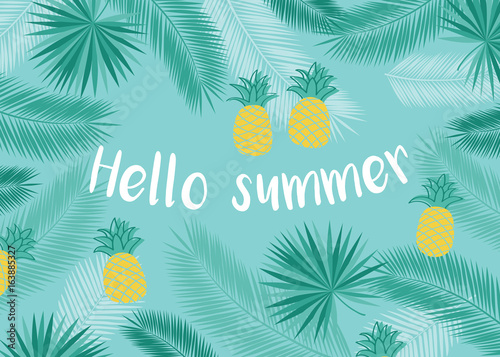 Summer background with tropical leaves and pineapples.  Vector illustration.