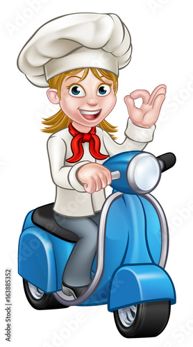 Cartoon Woman Delivery Moped Chef