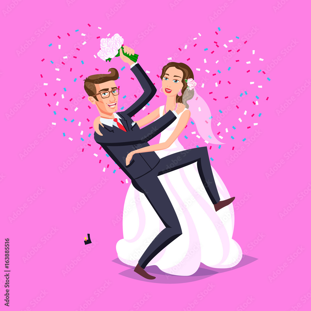 wedding illustration. Just married funny couple, bride and groom dance from  after wedding ceremony pink background heart vector Stock Vector | Adobe  Stock