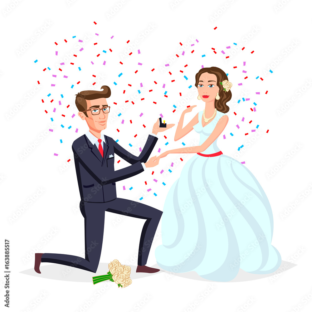 Vektorová grafika „Bride and groom as love wedding couple illustration.  Cartoon husband and romantic wife ceremony, female with flowers. Marriage  ceremony invitation card, celebration engagement for happy people theme“ ze  služby Stock |