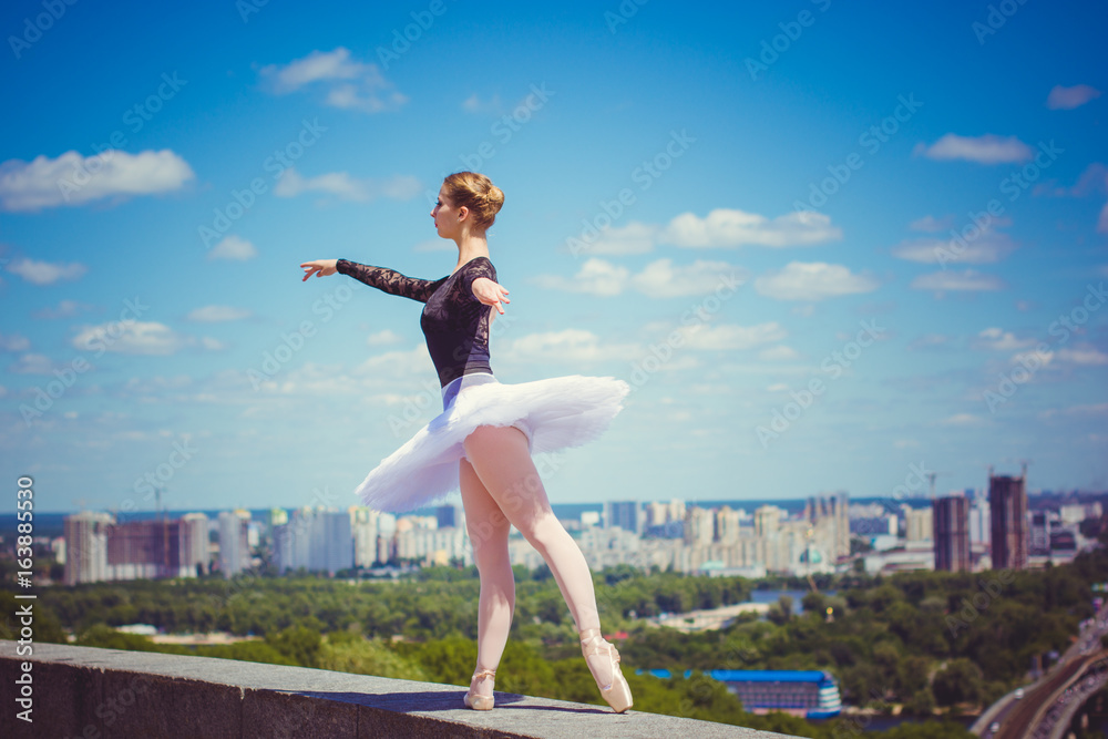 Young woman in white tutu dancing in the green landscape. Beautiful ballerina showing classic ballet poses into the air. Concept of female tenderness and harmony life . Ballerina Project Young woman in white tutu dancing in the green landscape. Beautiful ballerina showing classic ballet poses into the air. Concept of female tenderness and harmony life . Ballerina Project