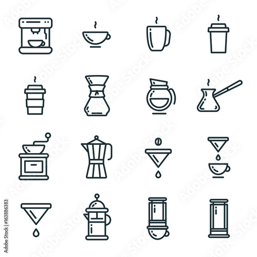 Coffee Types Brewing Flat Line Outline Stroke Icon Pictogram Symbol Set Collection