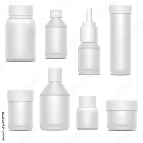 Realistic Template Blank White Plastic Bottle Pack Set. Vector